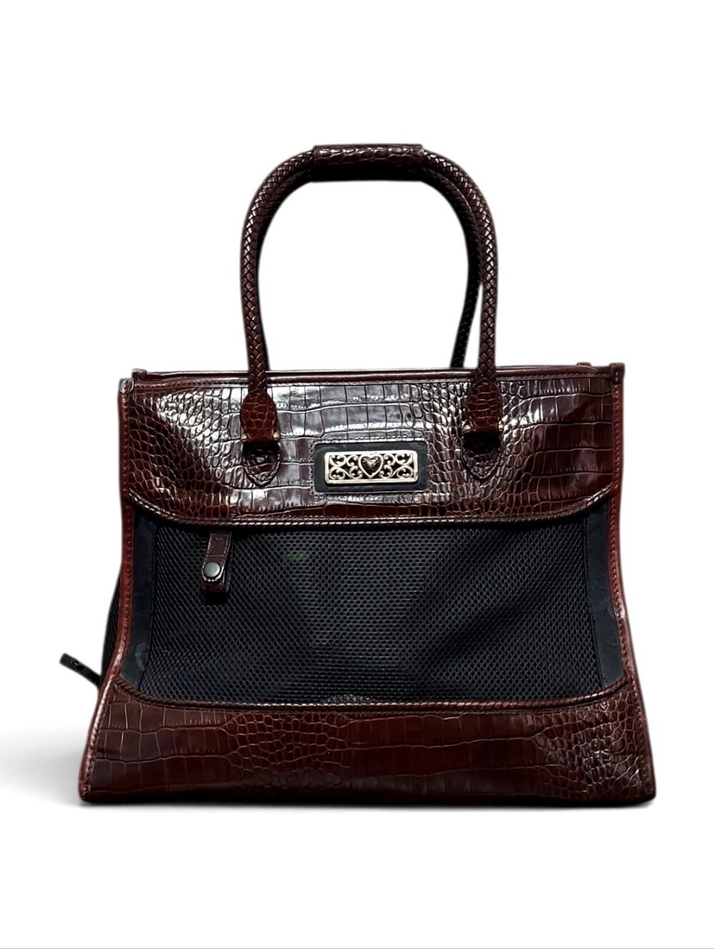 Brighton Pet Carrier Croc Leather & Mesh W/Silvertone HW Great Cond